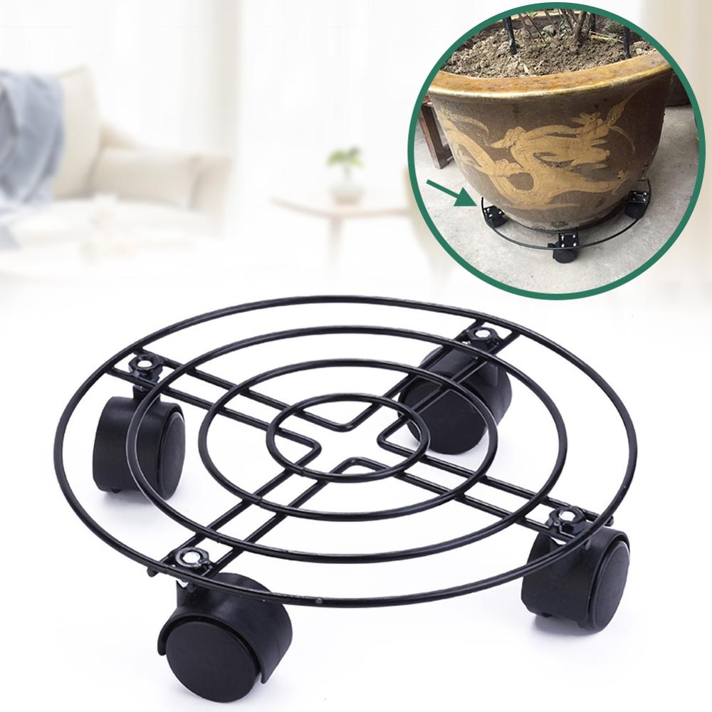 Pot rond en fer forgé plantes à fleurs | 4 roues lourdes, planteur, chariot, support de plaque, décor de jardin de maison