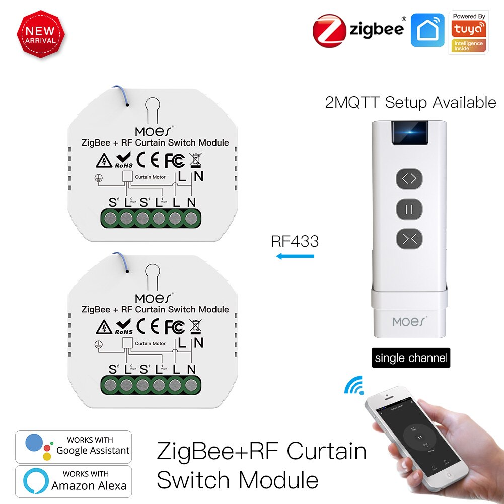 Módulo de interruptor de cortina inteligente Moes ZigBee RF433, para persiana enrollable motorizada, Motor 2MQTT, Tuya, APP inteligente Alexa y Google Home: kit 2