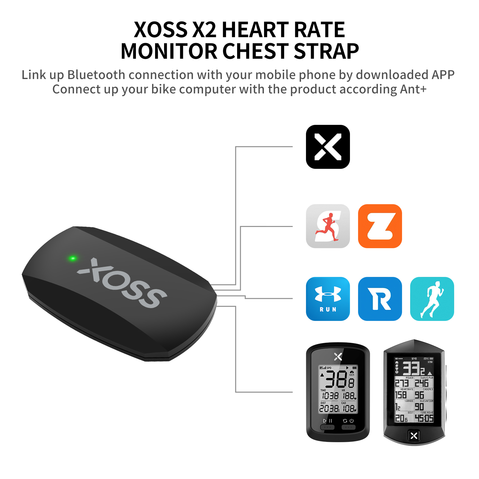 Xoss  x2 bryststropp pulssensor sykkel maur monitor bluetooth ant+ trådløs helse fitness smart sykkelsensor