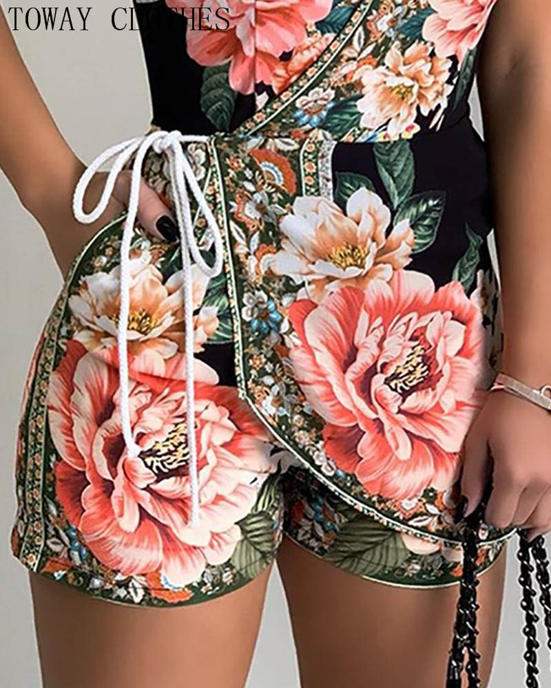 Mono con estampado Floral y cuello de pico para mujer, Peto corto sin mangas informal de verano
