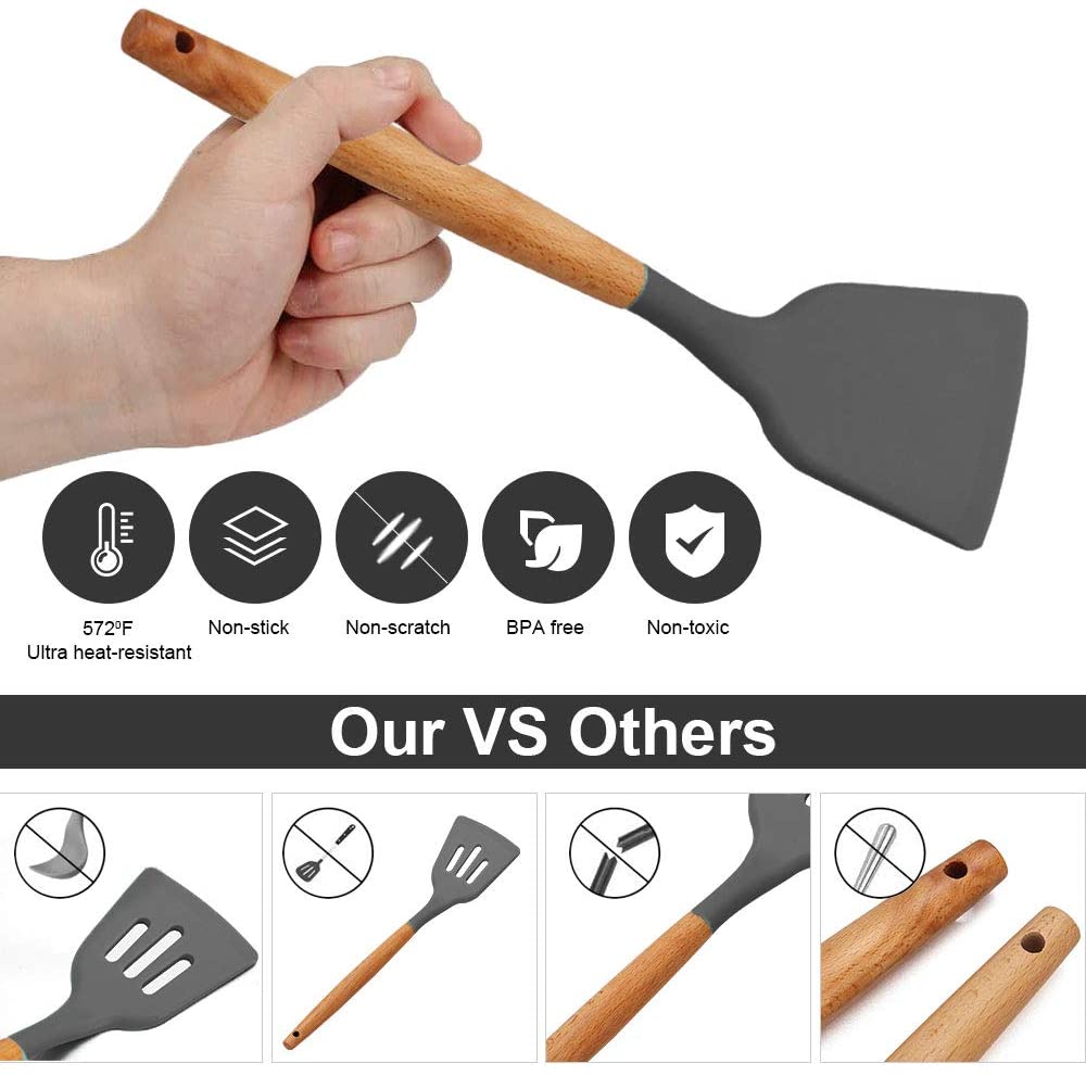 Silicone Cooking Utensils Set Non-stick Spatula Shovel Wooden Handle Cooking Tools Set With Storage Box Kitchen Tools