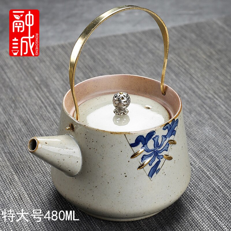 Vintage Tea Loop-handled Teapot Ceramic Retro Tea Making Device Household Copper Handles Single Teapot Tea Kettle Japanese Style: Antique Pottery  Teapot Extra Large  T Beam Pot Porcelain 480Ml