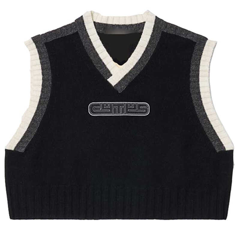 Kvinner høst vintage strikket ermeløs v-hals bokstaver trykt cropped tank top ribbet kant løs genser genser genser