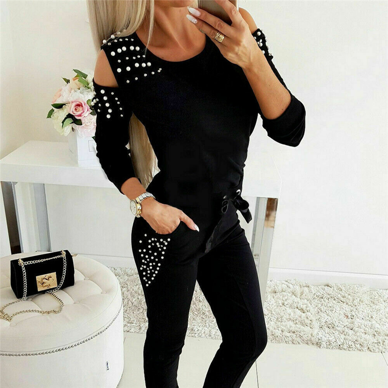 Autumn Tracksuit Set Women Long Sleeve Pearl Sweatshirts &Sweatpants Two Piece Set Casual matching sets Streetwear