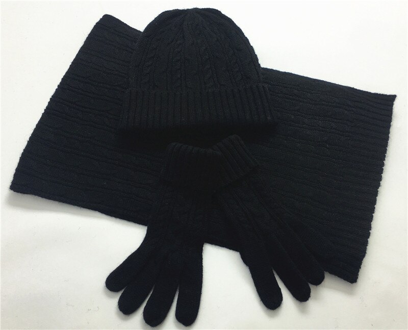 3 pcs Set Winter Knitted Hat Scarf Gloves for Women Beanie Ladies Knitted Scarves Women Winter Clothing Accessories Suit: Black
