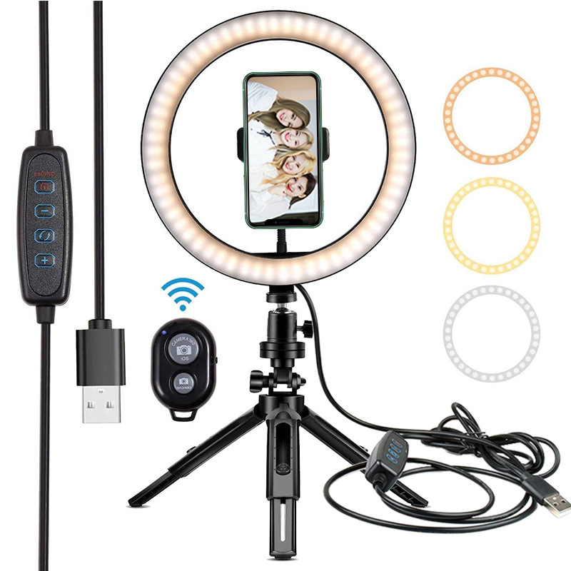 10" LED Ring Light Studio Video Dimmable Make up Lamp + Tripod Stand Selfie Flashes Accessorie Ring Light: Hose phone clip