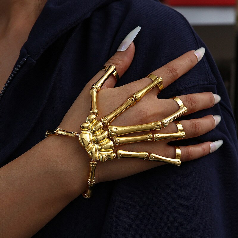 Neue Punk Schädel Armbinde Für Frauen Männer Hand Knochen Einstellbare Fünf Finger Ring Armreifen Metall Armbänder unisex Hüfte hüpfen Schmuck