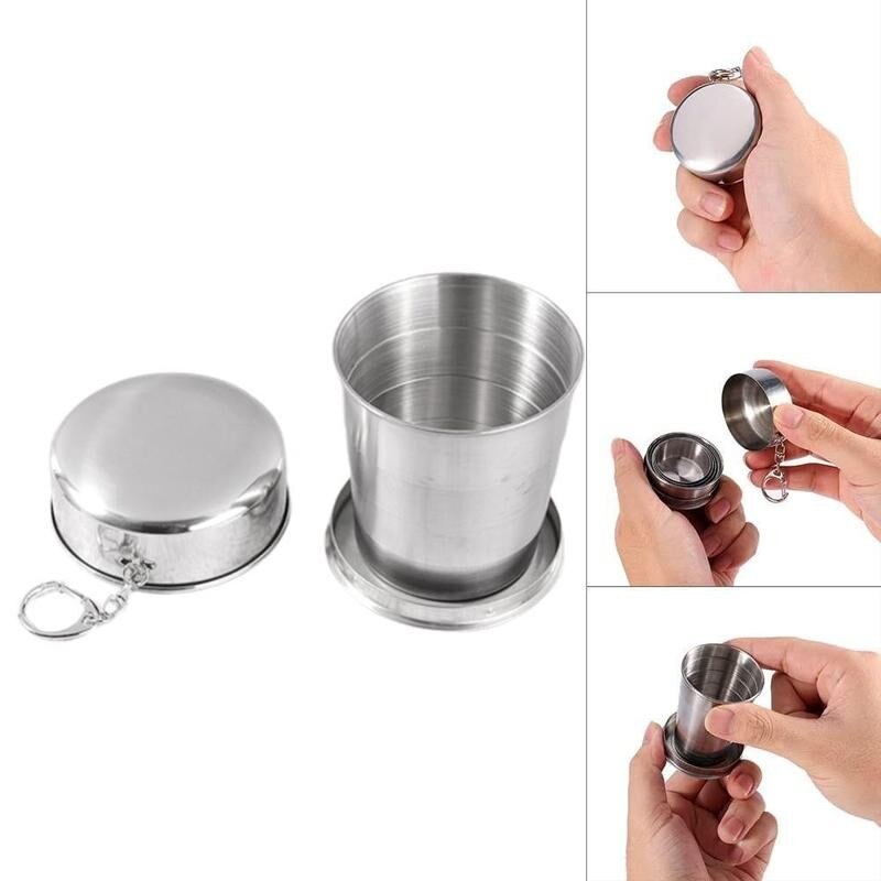 Stainless Steel Cup Outdoor Camping Travel Folding Demountable Cup Collapsible Metal Cup Keychain 75ml/150ml/250ml Wine Wit A5B9