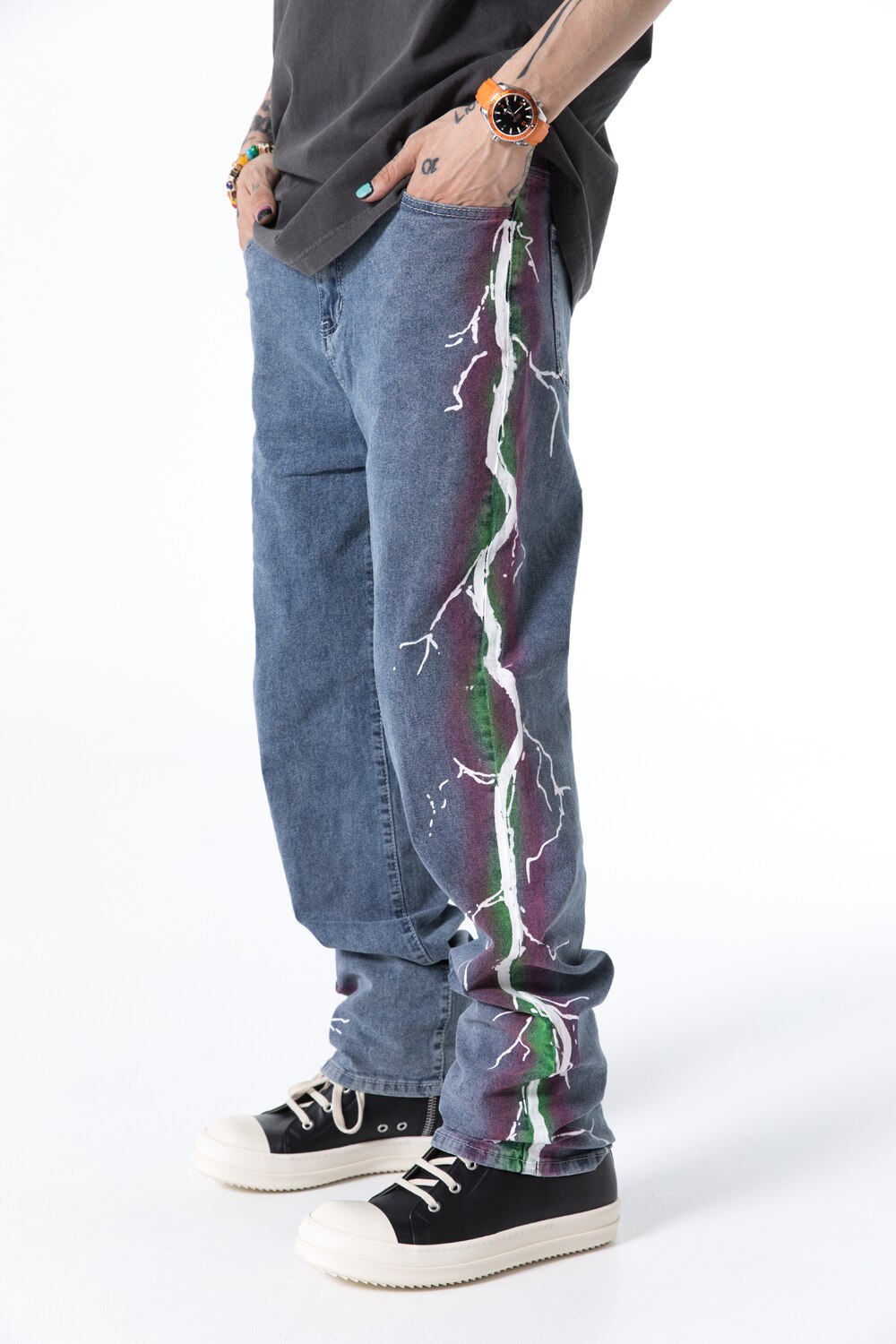 Tidesmec-pantalones vaqueros con estampado de rayos para hombre, ropa informal estilo Hip Hop, holgada,