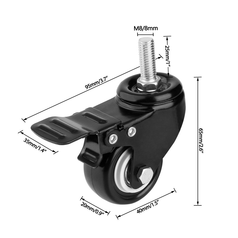 1Pcs Heavy Duty 1.5 "/2" Zwenkwiel Wielen Draadstift Met Rem Trolley Meubels Caster M8/M10 Schroefdraad Stem En Noten