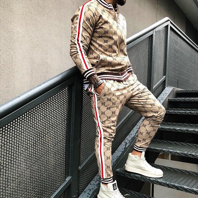 Gentleman Plaid Mannen Pak Jas + Broek Sport Trainingspak 3D Afdrukken Rits Tweedelige Set spot Europa 3XL