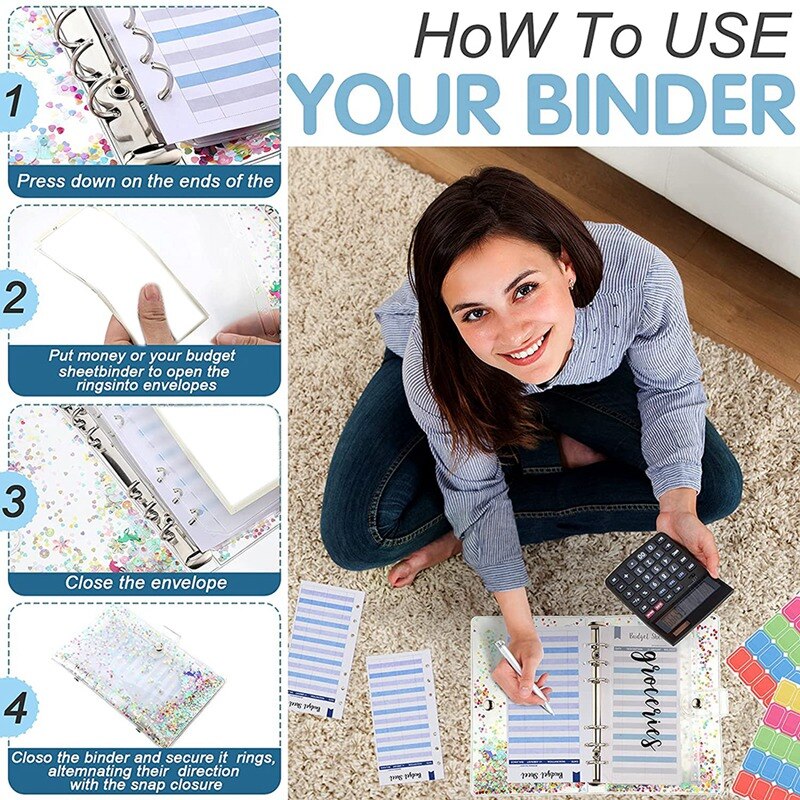 A6 Binder Pocket with Notebook Cover,PVC Binder Cover,Waterproof 6-Ring Binder,Notebook,Expense Budget Sheet