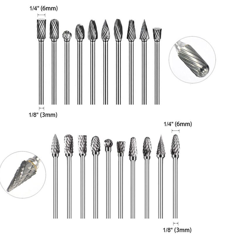3mm Shank Cutter Tungsten Carbide Milling Cutter Bit Rotary Tool Burr Double Single Cut for Metal Wood Plastic Stone Grinding