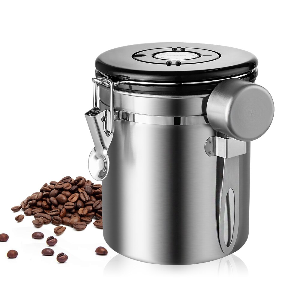1.5l rustfrit stål lufttæt kaffebeholder opbevaringsbeholder sæt kaffedåse med scoop til kaffebønner te
