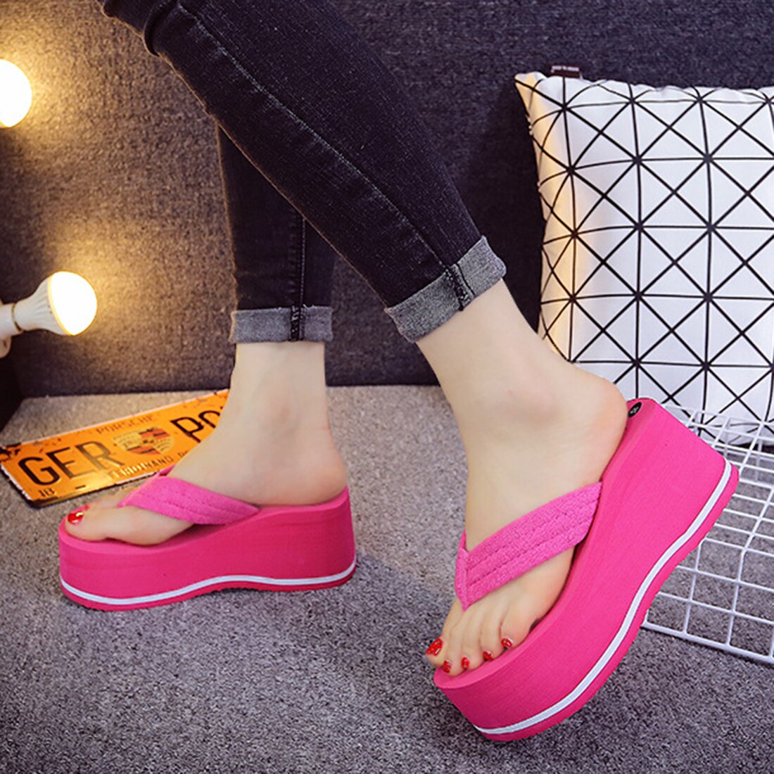 Womens EVA Casual Slip On Sandals Wedge Cute Summer Shoes Platform Heels Thong Flip Flops Solid Color