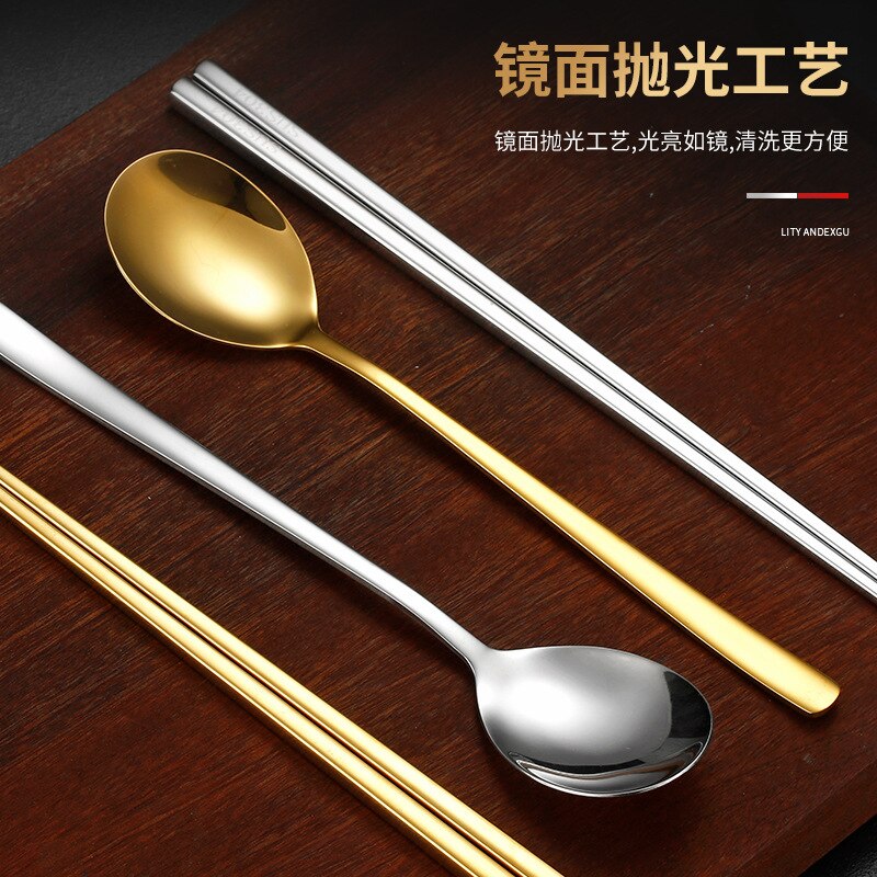 Palillos coreanos de acero inoxidable 304, palillos planos sólidos, cuchara de mango largo para el hogar, cuchara dorada para comer