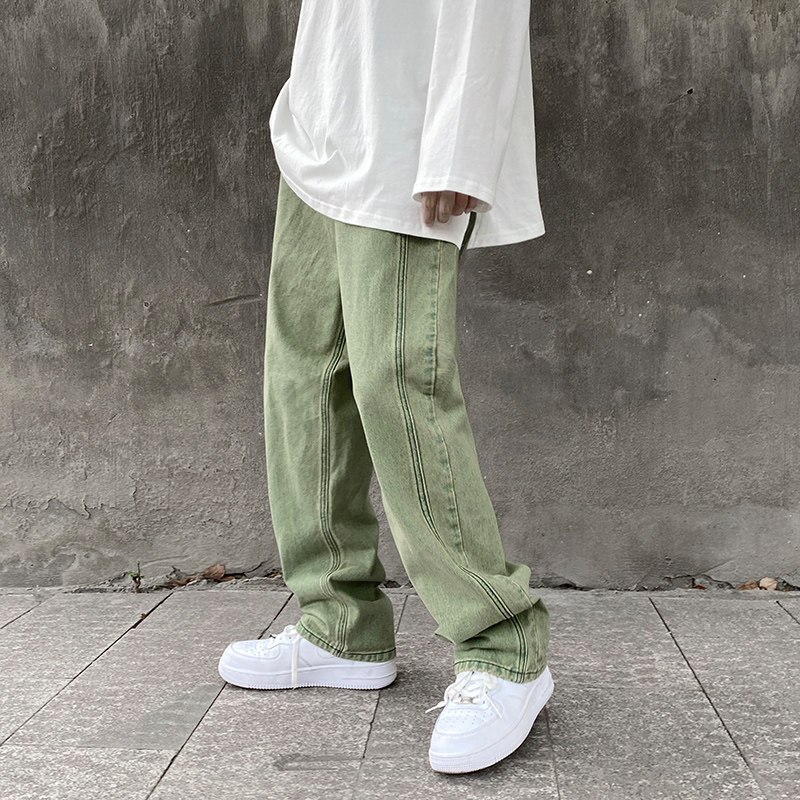 Japanese Men Jeans Purple Green Loose Straight Vintage Casual Streetwear Skateboard Dance Denim Cargo Baggy Pants: green / M Fit 47-52KG