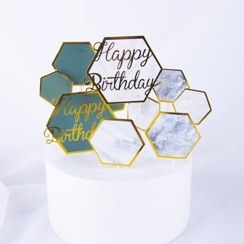 Cakelove Hexagon Cake Topper Paper reen Marble Gold Happy Birthday Cake Topper Party Cake Card Insert Decorations Baby Shower
