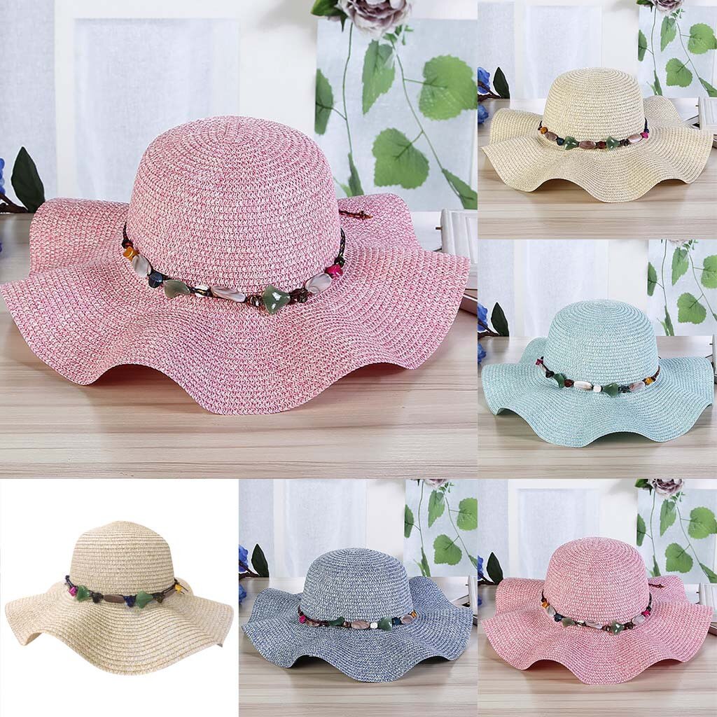 Women Big Wide Brim Straw Hat Colorful Stone Beach Sun Foldable Cap