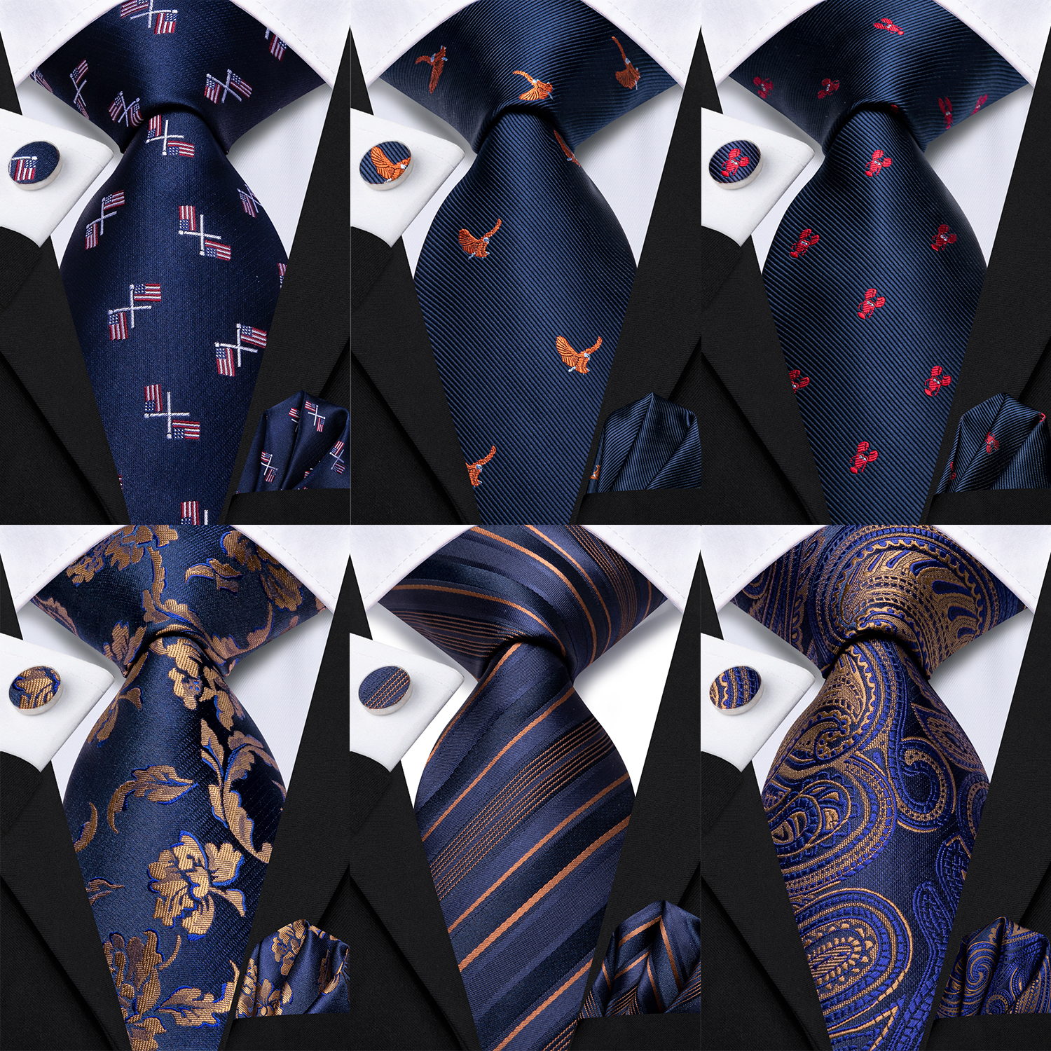 Gravata azul marinho para homens, lenço elegante, abotoaduras, acessórios para festa de casamento, gravatas, designer de novidade, presente