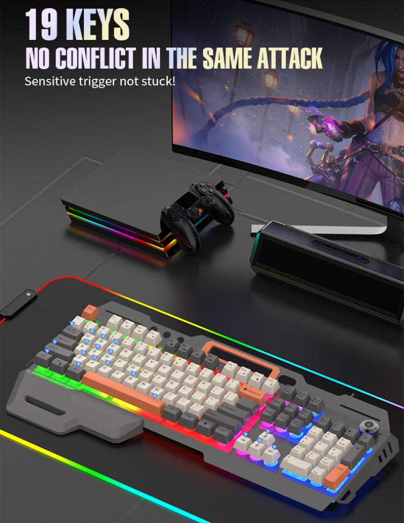 Mechanisches Gefühl, Spielen-Tastatur, Maus-einstellen, 104 Tasten, 100 % Layout, Spanisch, Russisch, Koreanisch, Arabisch, Tastatur, USB-Kabel, RGB-Gamer, K90