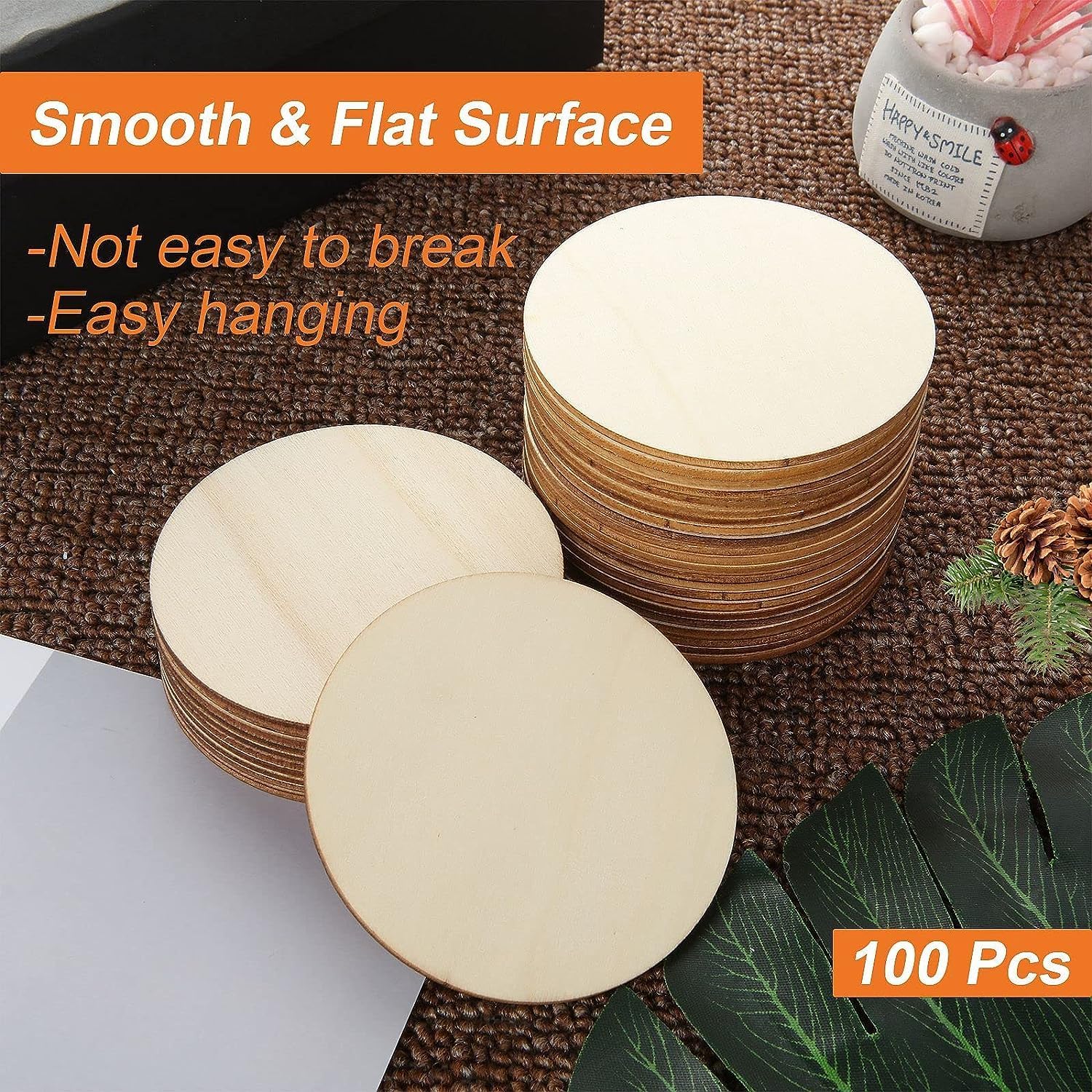 100 Pcs Round Wooden Disc Cutouts Blank Round Wood Circle Slices for DIY Crafts Engraving, Coasters, Home Decor(4mm Thickness)