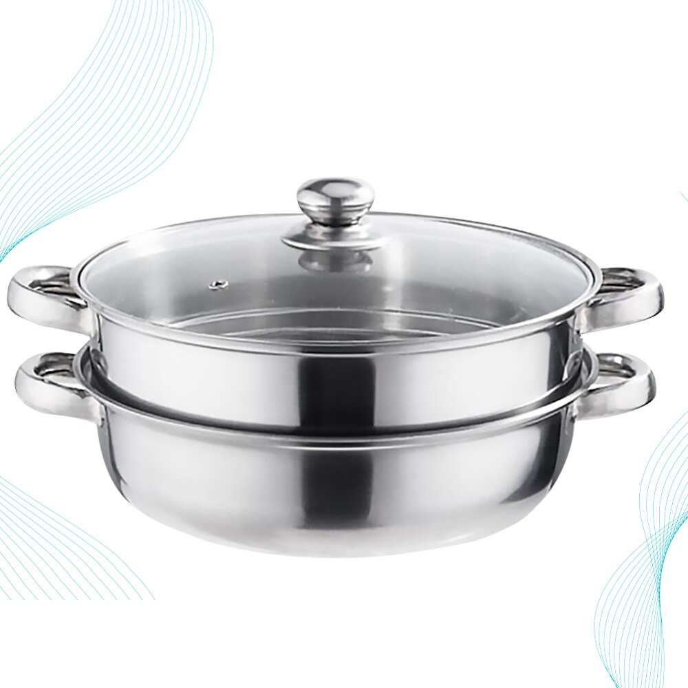 Multifunctional Steam Pot Double Layers Stockpot Stainless Steel Steamer Cooking Boiler Silver (28cm)
