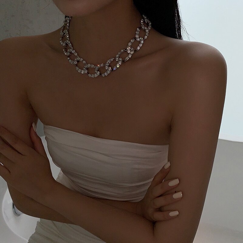Peri'caja Color plata brillante gruesa cubana cadena collares Rhinestone gargantilla collares para las mujeres de palanca de cierre collar de declaración