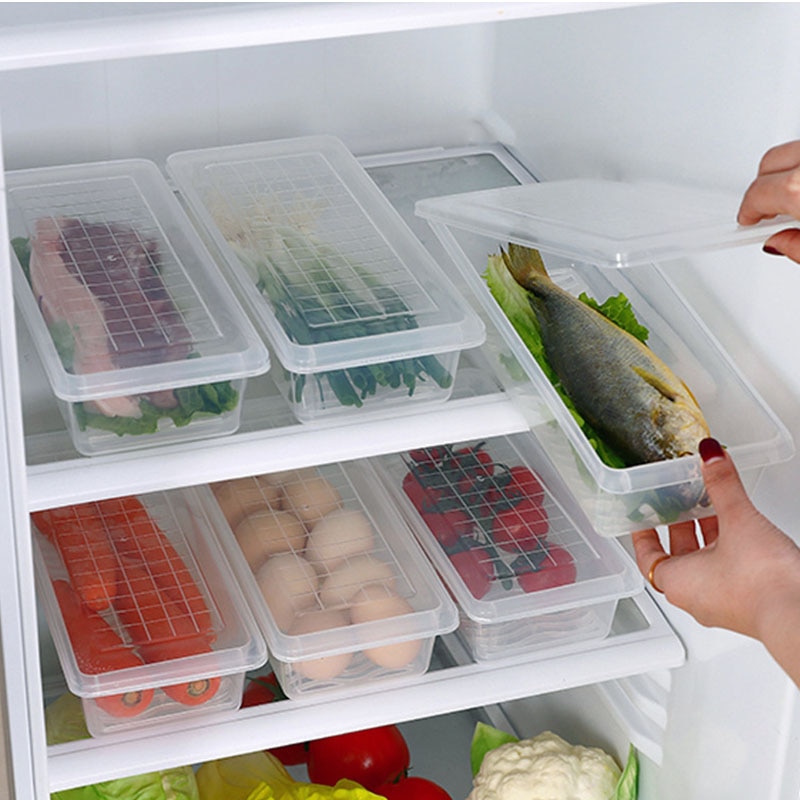 Kitchen Drainable Freezer Storage Box Organizer Transparent Refrigerator Storage Boxes Organizer Food Sealed Container