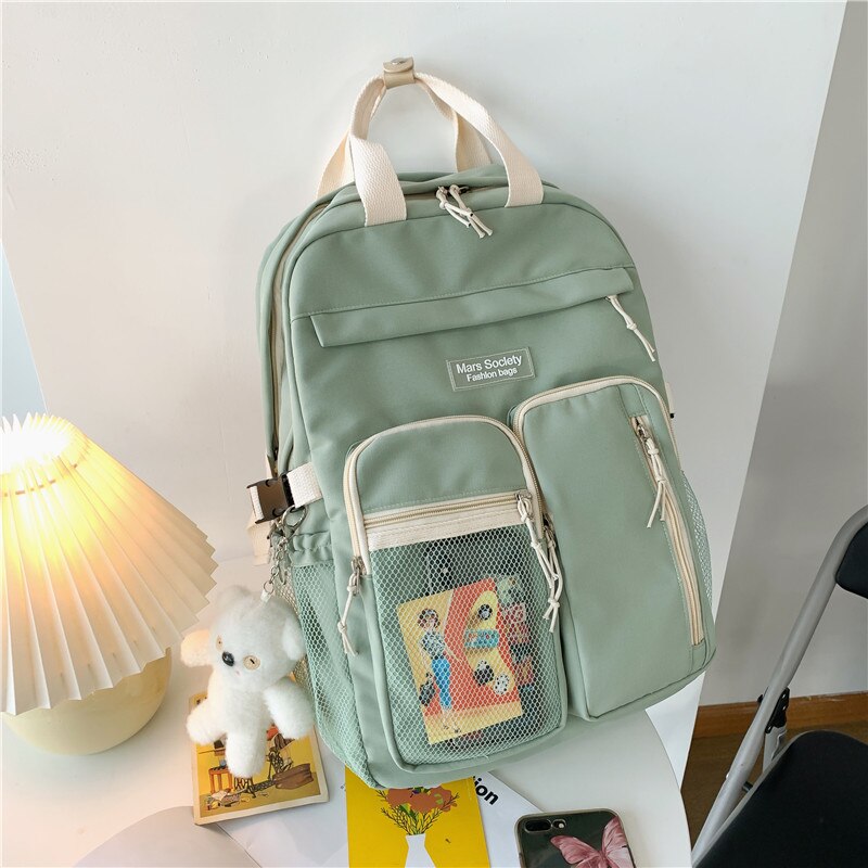 DIFA-mochila con hebilla portátil para mujer, Bolsa Escolar de nailon resistente al agua, con múltiples bolsillos, para ordenador portátil: green / with white bear