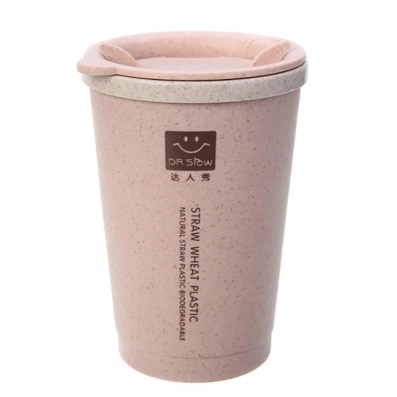 Copo de água de café de palha de trigo portátil com palhas multi-funcional dupla tampa cola café copo de plástico beber caneca de viagem: Rosa