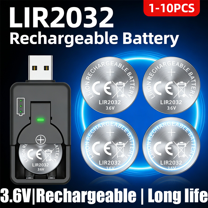 Bateria de Lítio Recarregável LIR2032 3.6V Tipo Moeda 1-10 Peças Universal para Chave de Carro, Controle Remoto e Dispositivos Eletrônicos