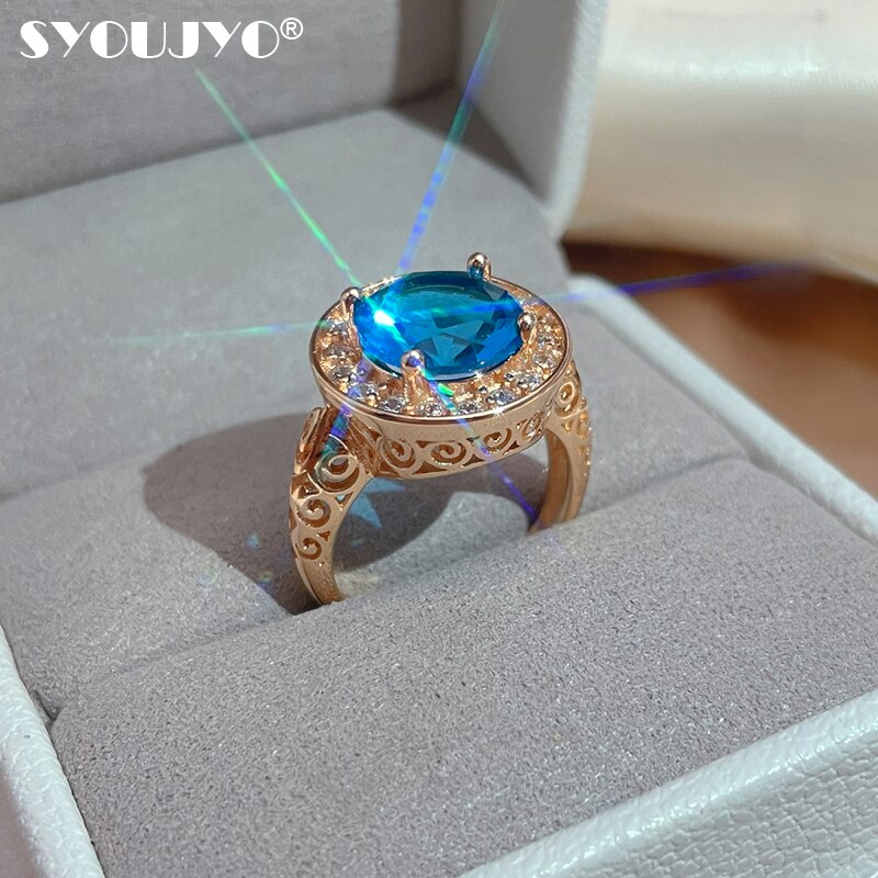 Syoujyo Big Size Natuurlijke Blauwe Zirkoon Ringen Voor Vrouwen 585 Rose Gold Wedding Party Ring Vintage Etnische Crystal Sieraden Accessoires