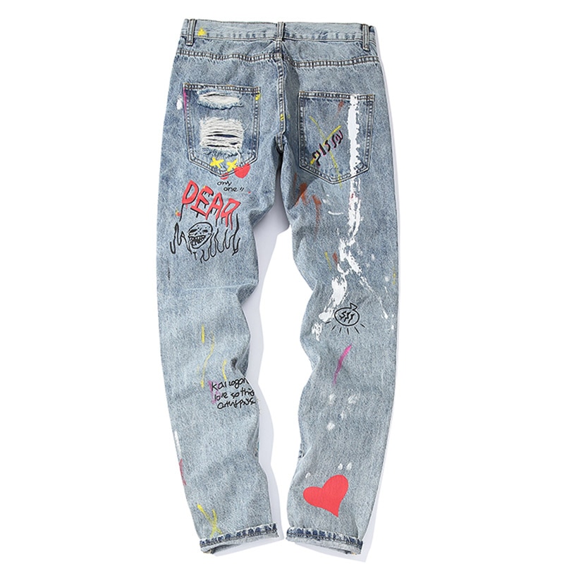 Pantalones vaqueros con estampado de grafiti para hombre, jeans de