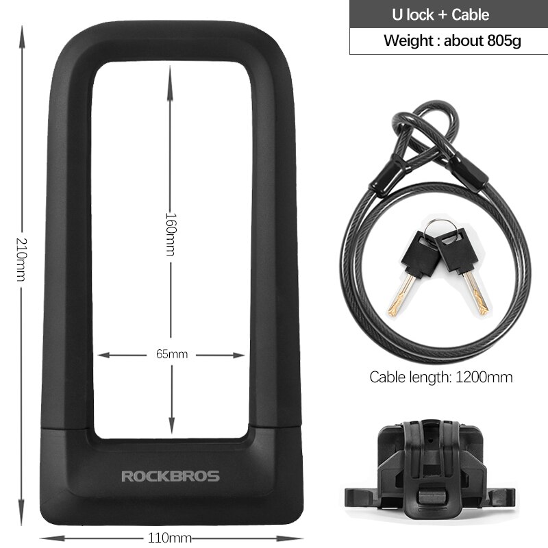 ROCKBROS Bicycle U Lock Set Anti-12 Tons Hydraulic Shear Safety Anti-theft Padlock Motorcycle Scooter Bike MTB Accessories: Square cable set