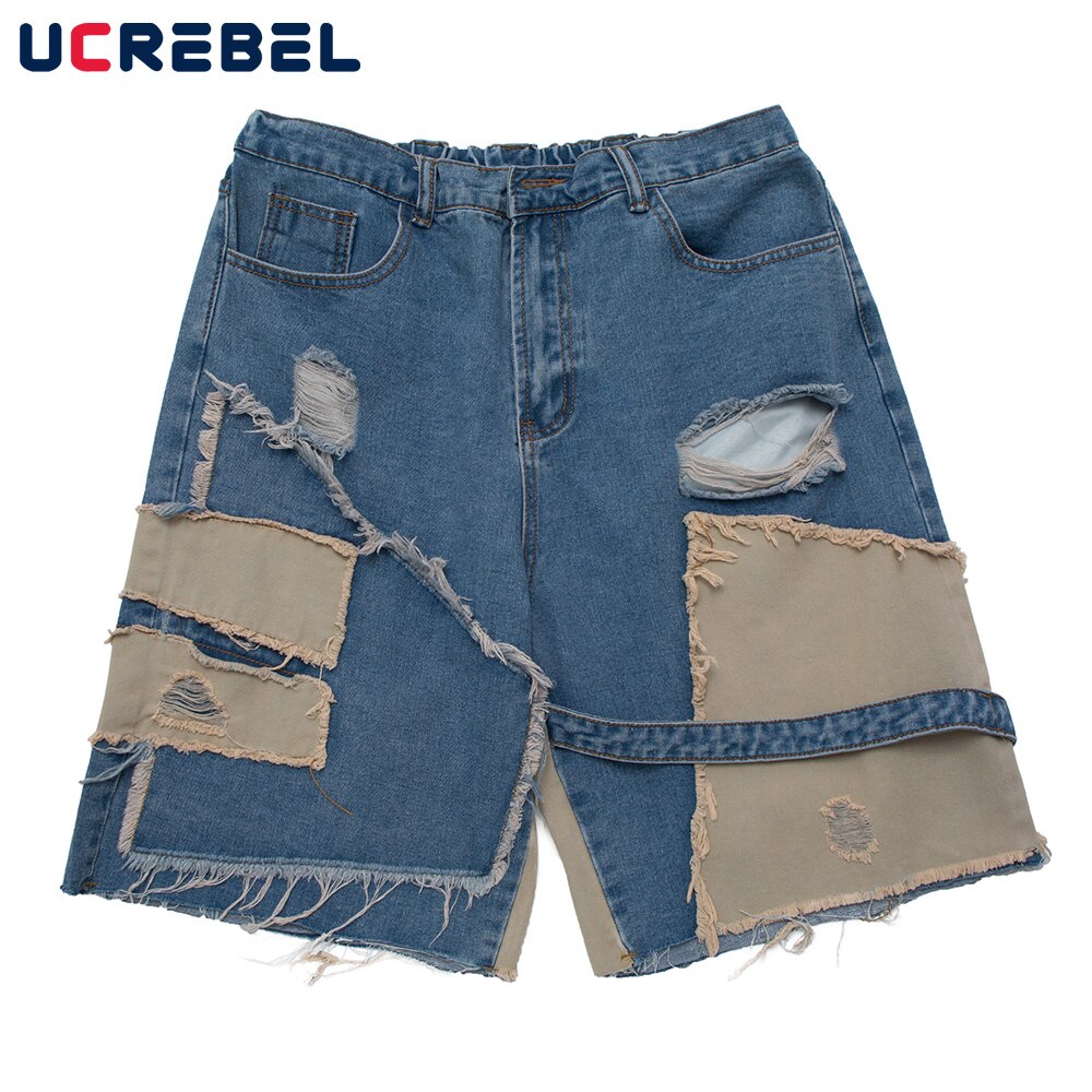 Pantalones cortos vaqueros rasgados de retazos para hombre, Shorts hasta la rodilla con cintura elástica, ropa de calle, pantalones sueltos con paneles de contraste