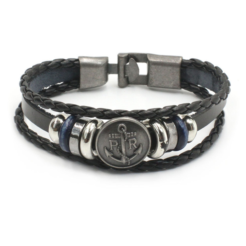 Bracciale da uomo moda retrò in pelle moto multistrato bracciale intrecciato a mano bracciale in acciaio inossidabile regalo per fidanzato: Anchor 1