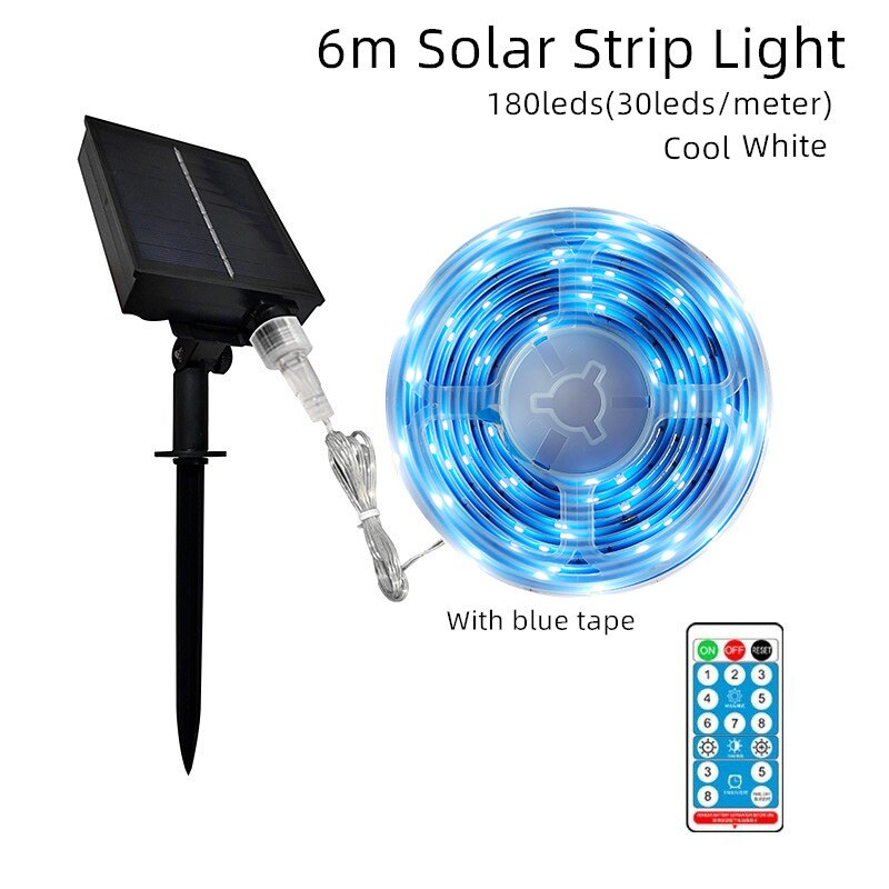 Gylbab-tiras de luces LED solares, 8 modos, Control remoto, 3 m6m12m 90, exterior, impermeable, noche, para garaje, césped y jardín: 6m cool white