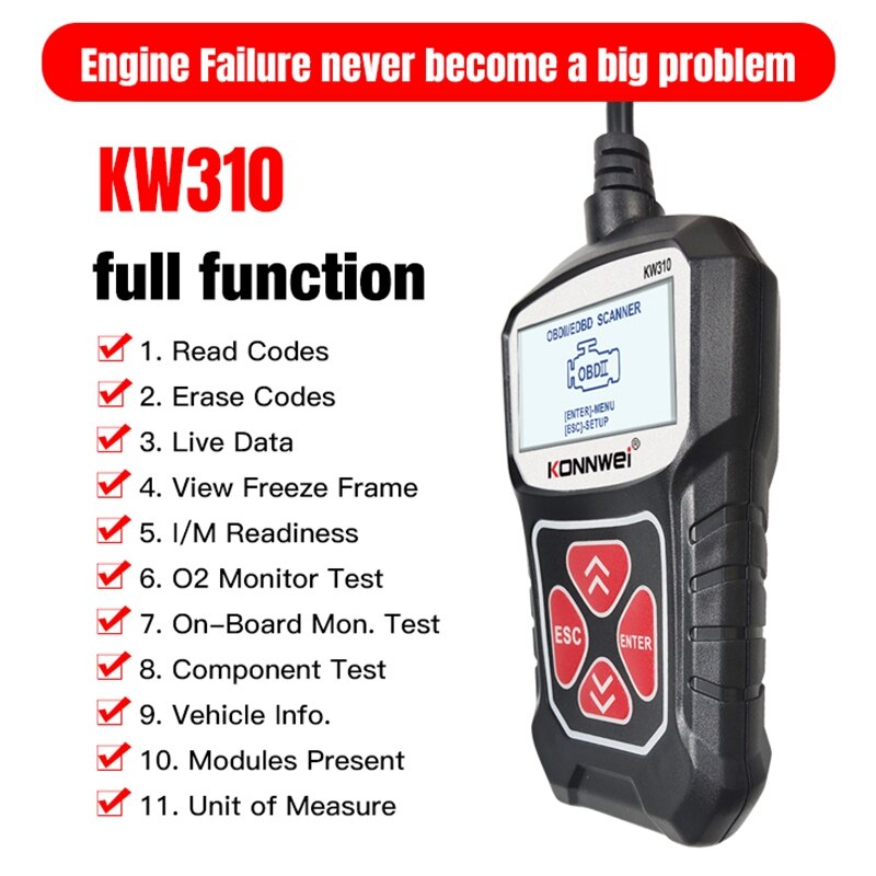 KONNWei KW310 OBD2 escáner para OBD automático coche herramienta de diagnóstico del escáner automotriz herramientas de Auto 12V 12V