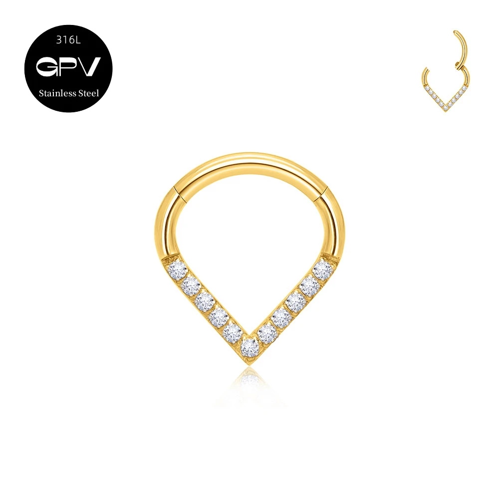 1/10 Uds. Anillo de nariz de gota en forma de corazón de acero inoxidable 316L 16G con incrustaciones ZC pendientes de joyería perforados para hombres y mujeres anillo de tabique: Blanco / Oro champán