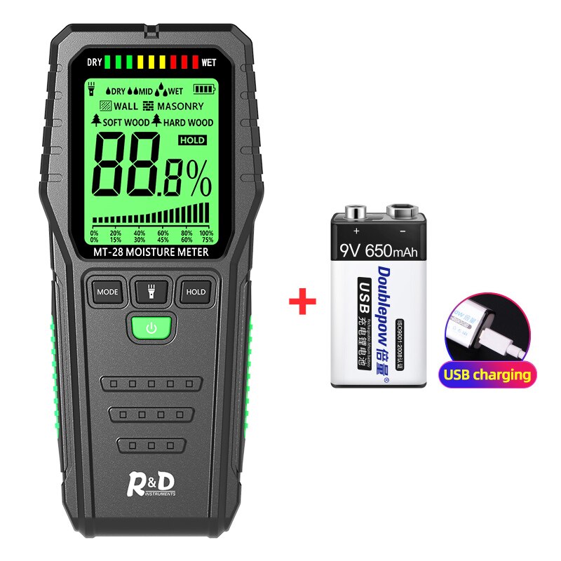 R&amp;D MT28 Inductive Wood Moisture Meter Digital Electrical Tester Measuring tool LCD Display Ectromagnetic Wave Timber Hygrometer: STYLE 1 with battery