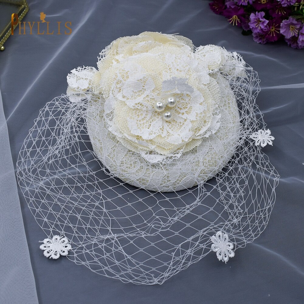 JM04 Luxury Lace Flower Tulle Birdcage Veil Headpiece Fascinator Hat Mini Wedding Bride Hat Blusher Veil Short Veil: Default Title