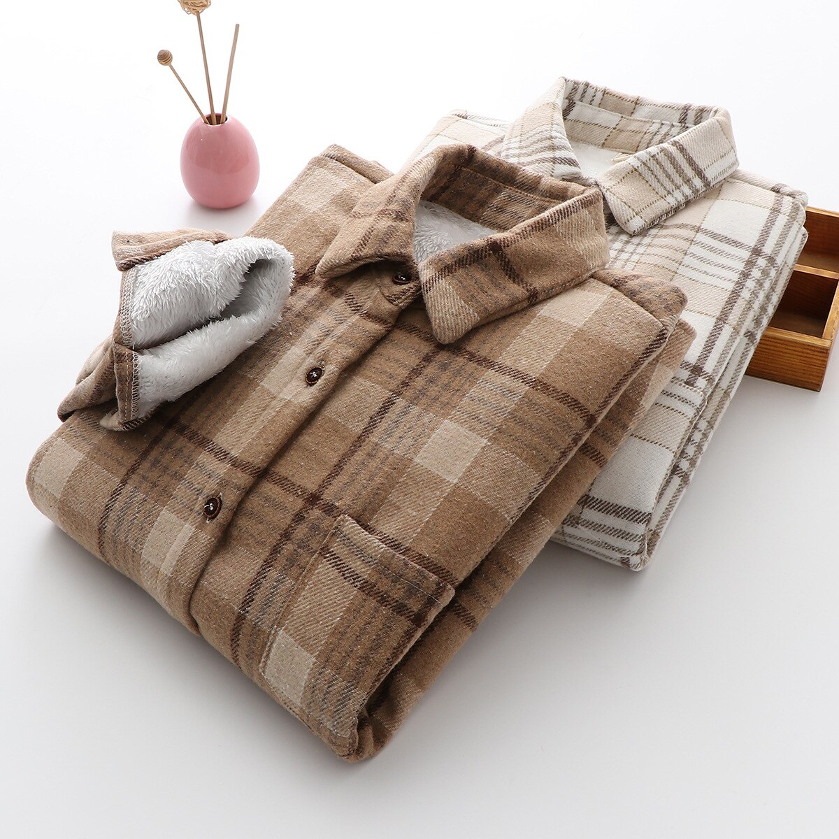 Chemise pour Femme à Carreaux Épaisse en Velours, Blouse Tendance Chaude, Nouveaux Hauts Décontractés, Blouses Près du Corps, Vêtements Féminins d&#39;Hiver