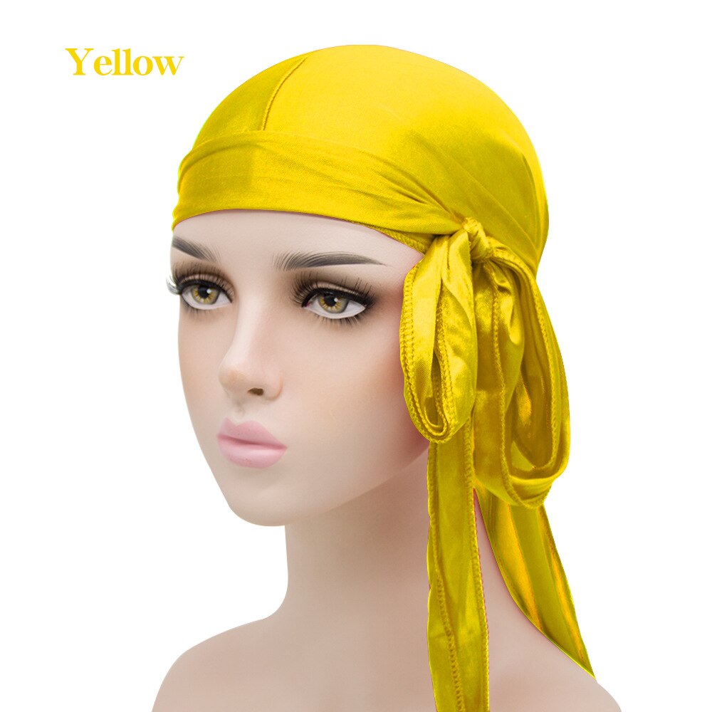 Durag do doo du chiffon en velours pour hommes et femmes, chapeau Bandana respirant, longue queue, couvre-chef chimio, couleur unie,: Yellow