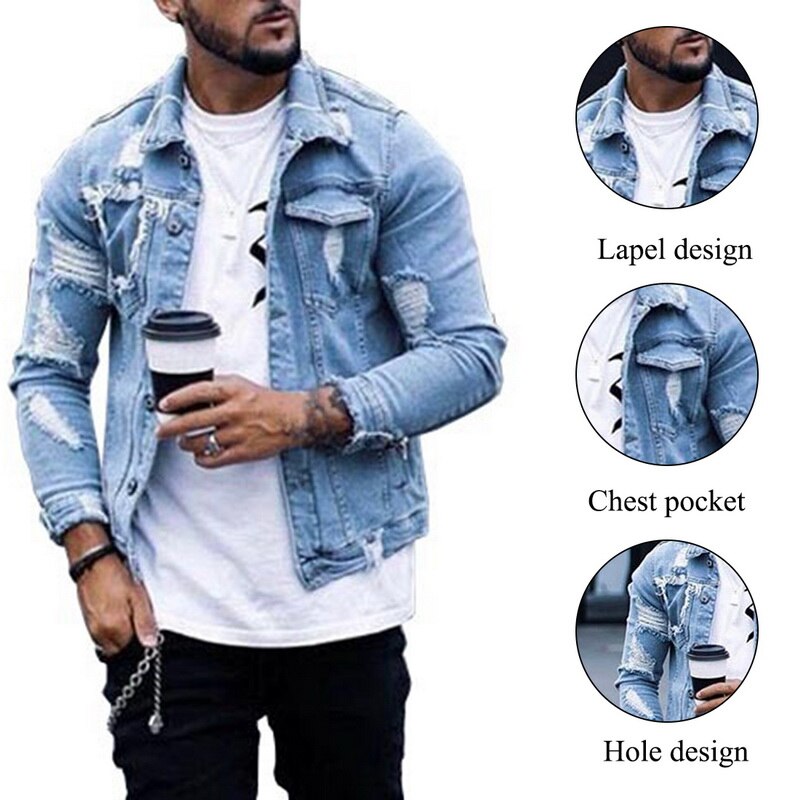 UEFEZO Men Denim Jacket Hole Ripped Men Coat Moto Biker Men Jeans Jacket Pockets Chaquetas Hombre Washed Jeans Bomber Jacket