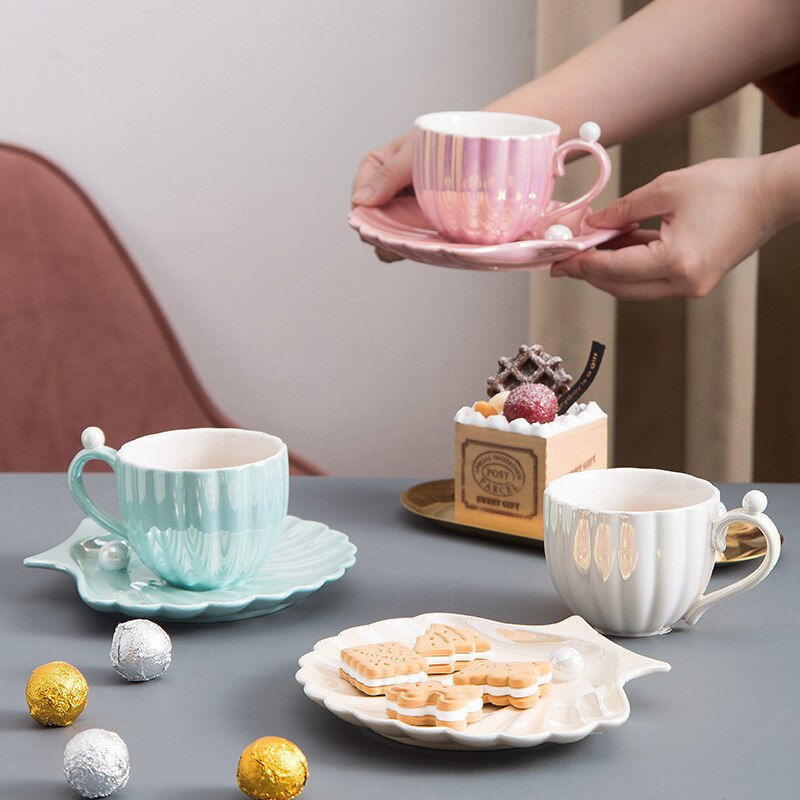 Taza y platillo de perlas de concha hermosa para café, té, vajilla de cerámica para cocina y oficina, elegantes de café de cumpleaños y boda, 240ml