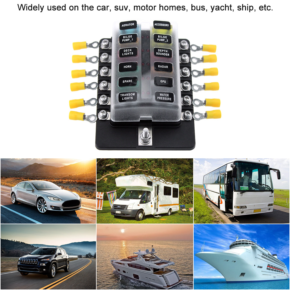 12 Way Blade Fuse Box Holder Fuse Blocks with Red LED Indicator 10Pcs Terminals for Car Boat Marine Caravan Truck 12V 24V