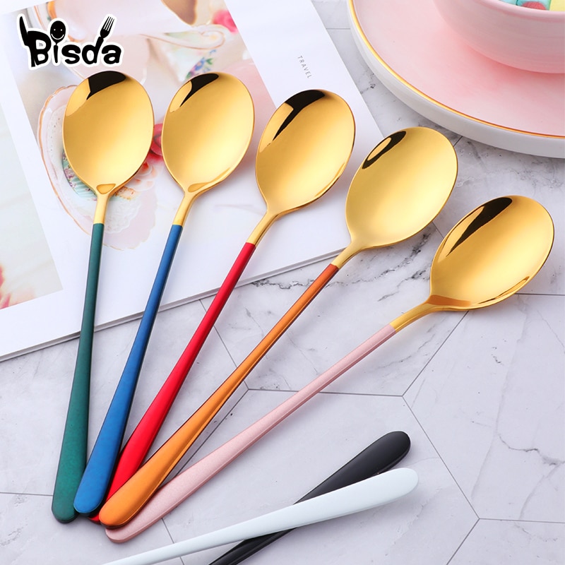 1PCS Korea Spoon Stainless Steel Soup Spoon Long Handle Gold Dessert Spoons Round Dinner Spoon Set Tableware Set
