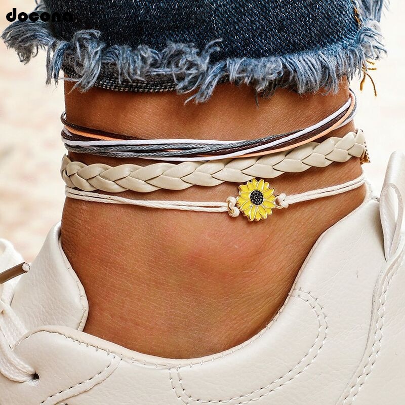 Docona Bohemen Zonnebloem Daisy Charm Enkelbanden Voor Vrouwen Meisjes Goth Enkelband Boho Sieraden Pulseras 3 Stks/set 4012