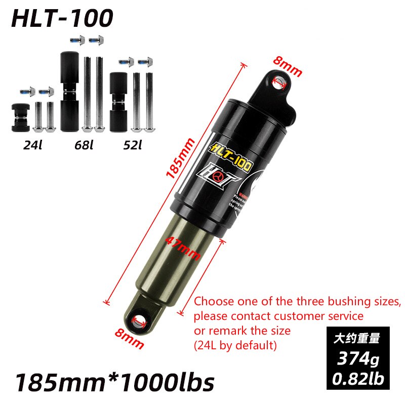 Amortisseur arrière de vélo de montagne, HLT-100 125 150 165mm 185 750 850 LBS, amortisseurs à ressort d&#39;huile pour vtt, vélo de neige et vélo électrique, 1000: 185mm x 1000 Lbs